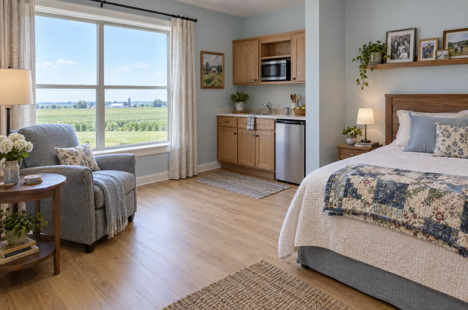 A bright studio apartment with an armchair by a window overlooking farm fields.