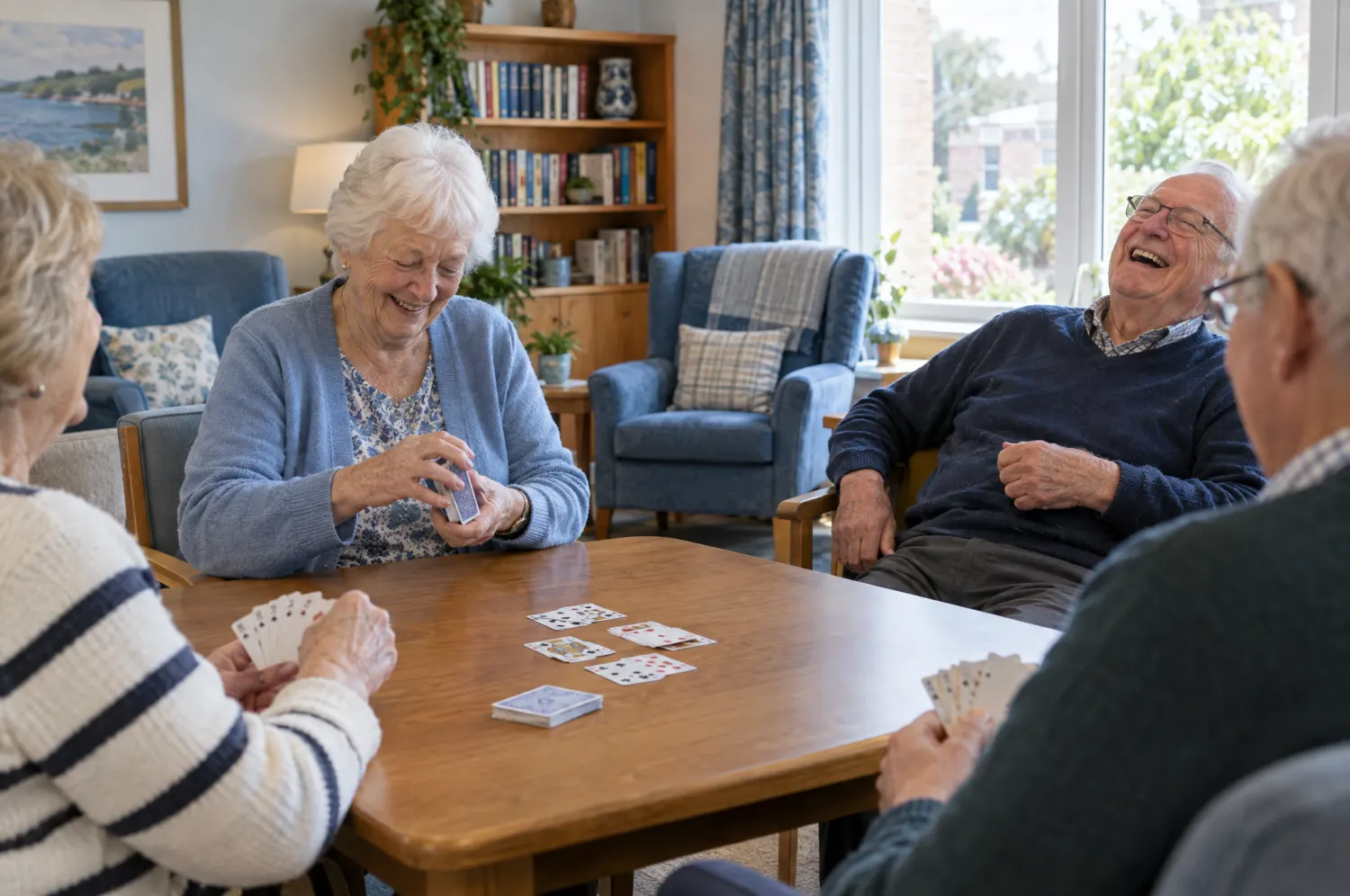 Residents laughing over a game of cards around a table in a bright common room.
