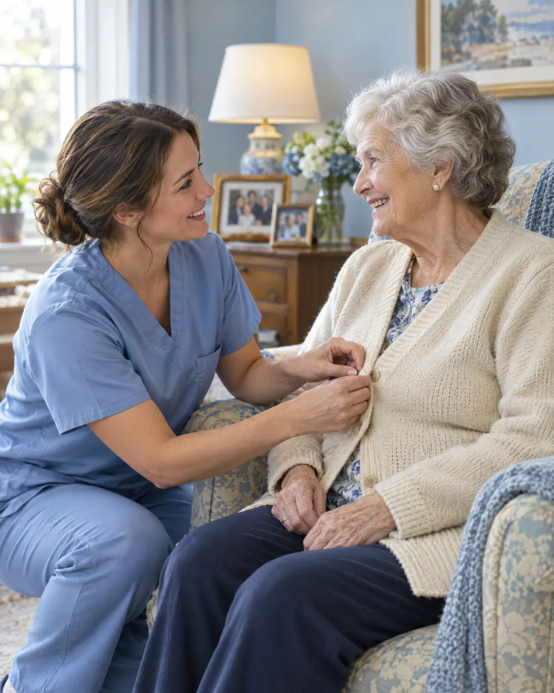 A caregiver helping a resident with her cardigan in her armchair.