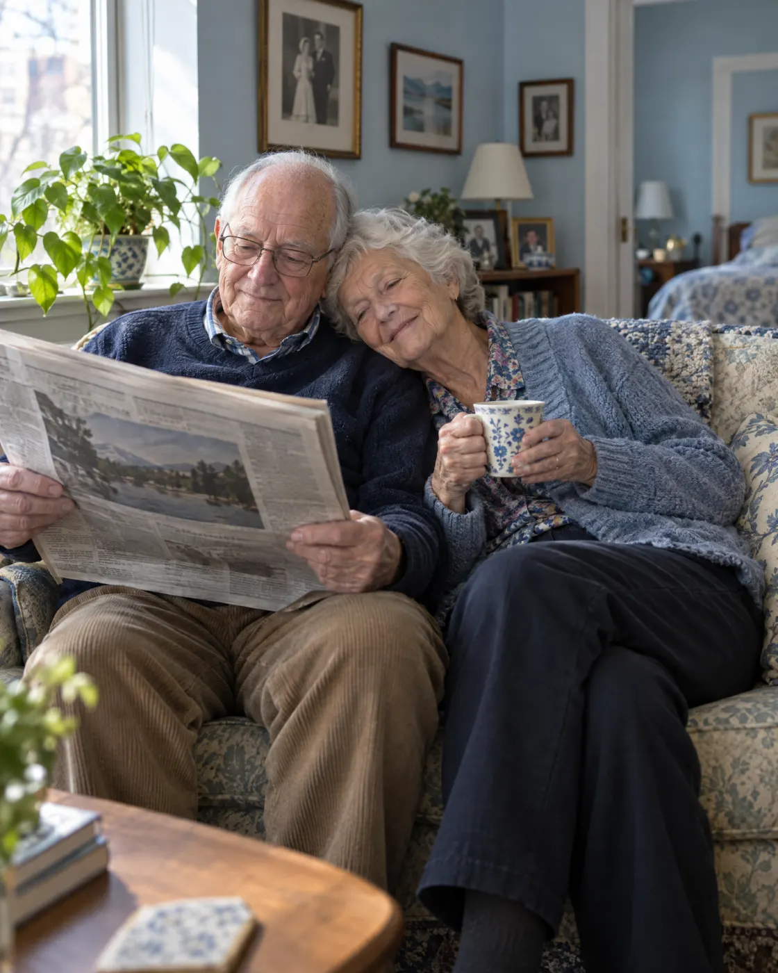 A married couple relaxing together on a loveseat in their apartment, reading and sipping tea.