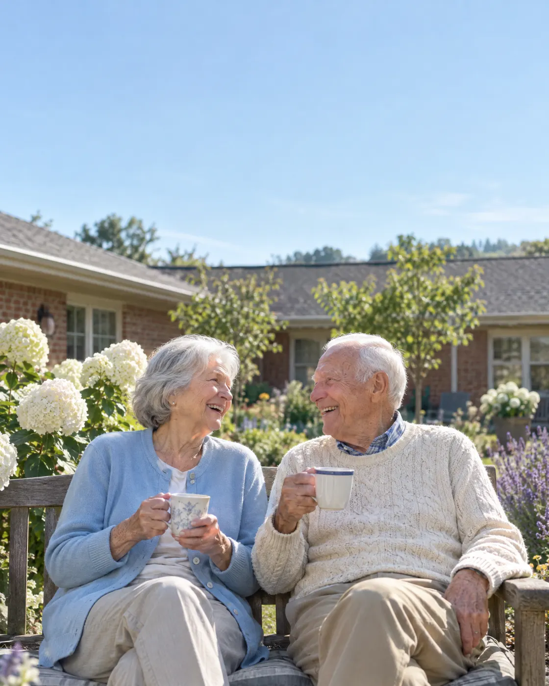Two residents laughing over morning coffee on a garden bench in a sunny courtyard.
