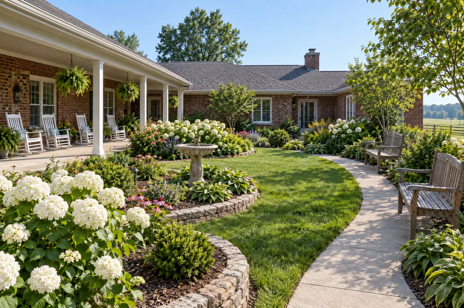 The enclosed garden courtyard with a covered porch, rocking chairs, flower beds and a curving path.