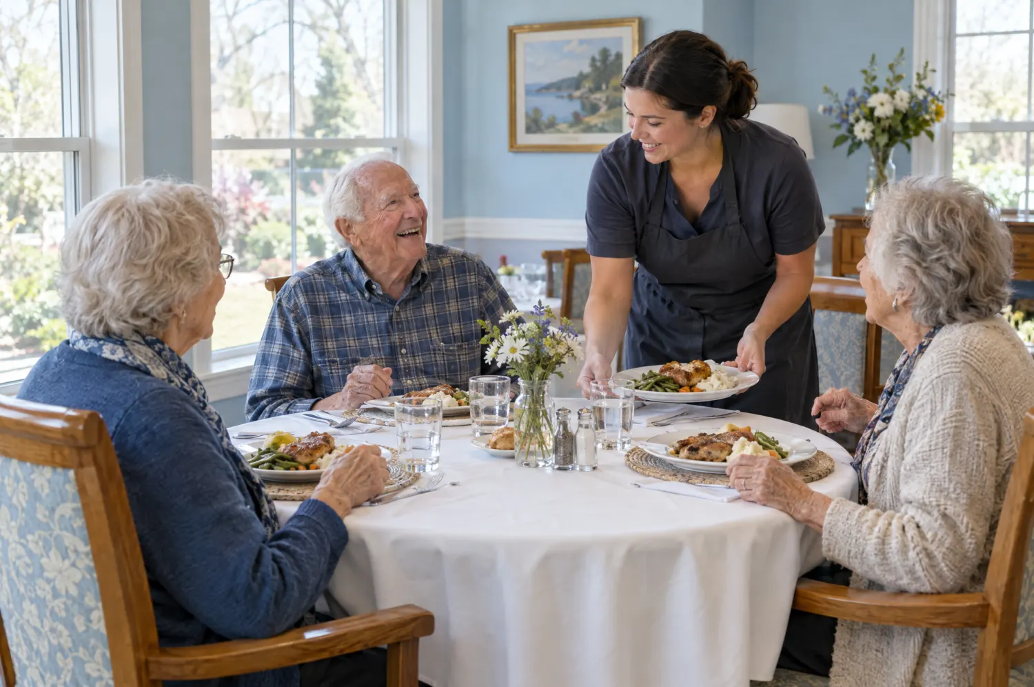Residents sharing lunch at a round table in a bright dining room as a server brings their plates.