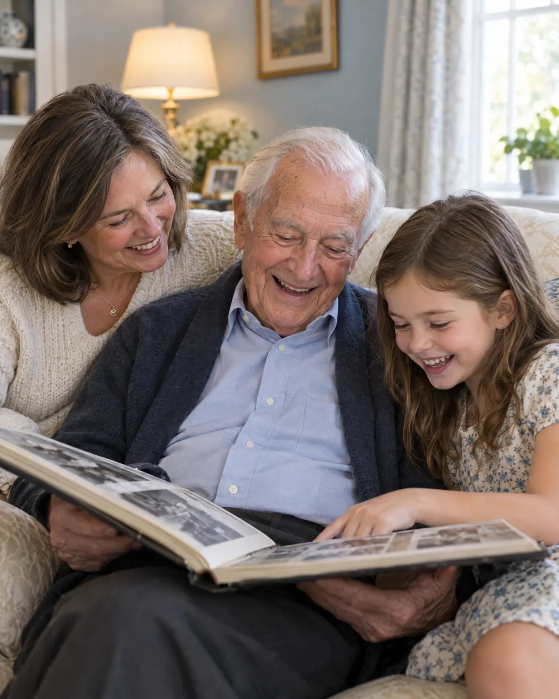 A resident looking through a family photo album with his daughter and granddaughter.