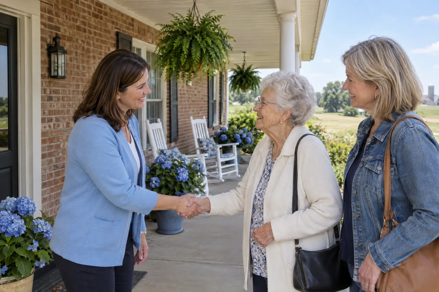 A staff member welcoming a mother and daughter on the front porch.