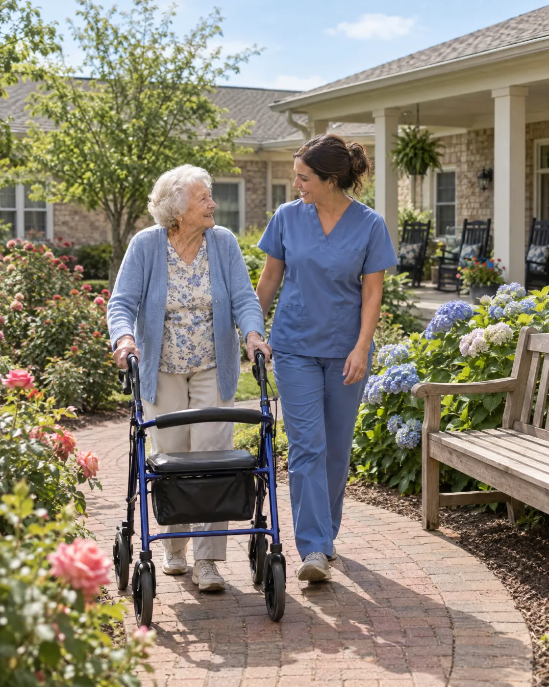 A resident with a walker strolls a garden path, chatting with a caregiver walking beside her.
