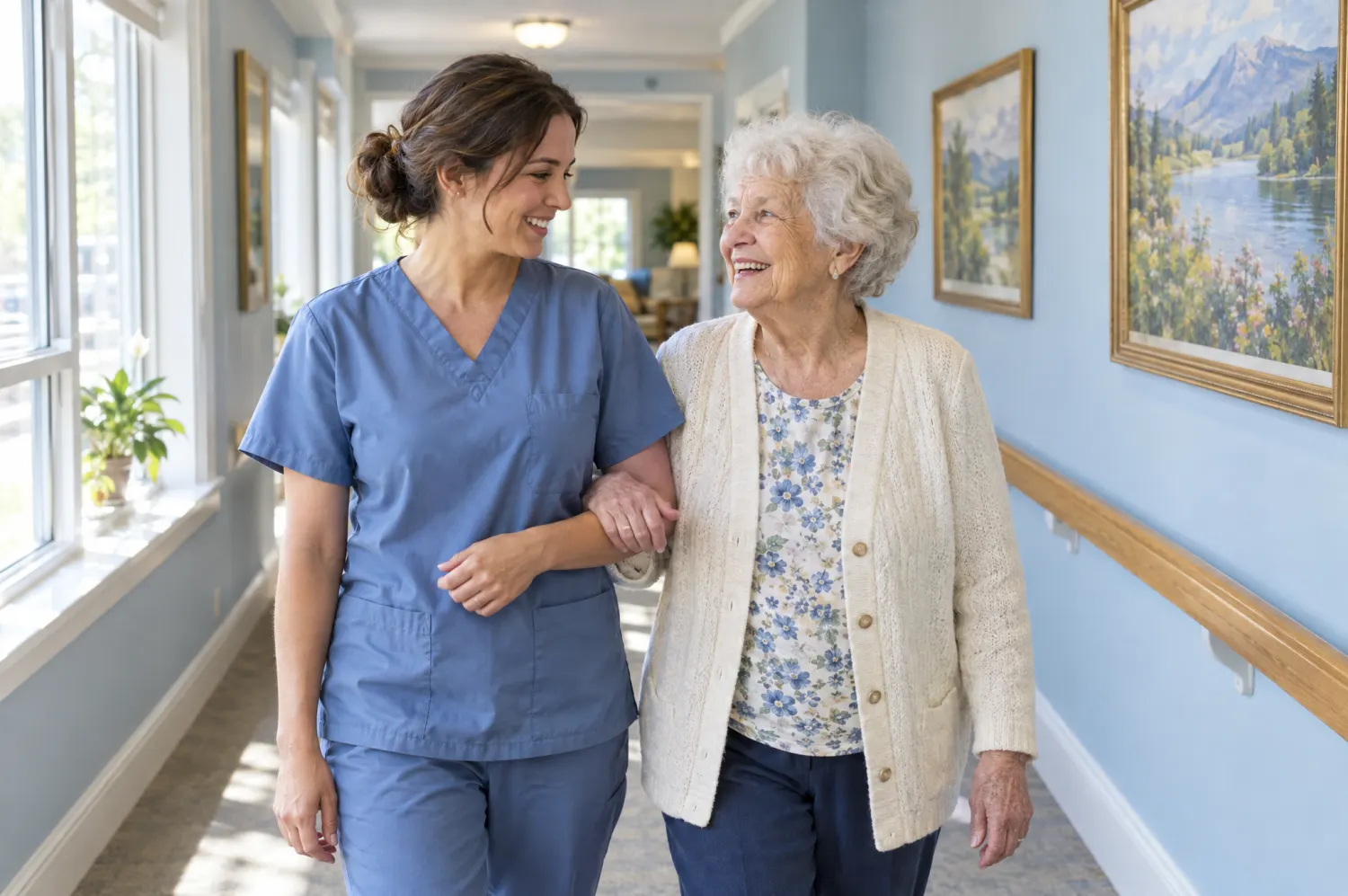 A caregiver walks arm in arm with a resident down a sunny hallway, both smiling.