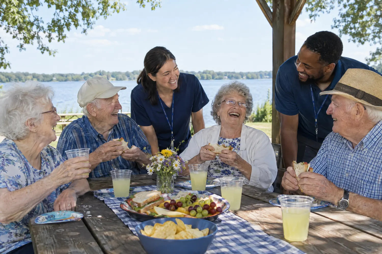 Residents and staff sharing a summer picnic at a lakeside park pavilion.