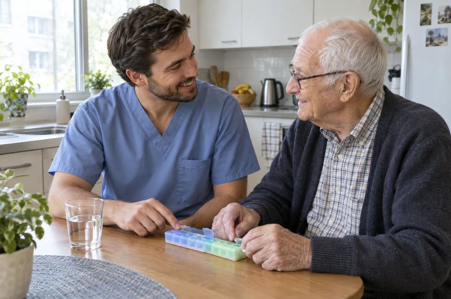A caregiver and a resident going over a weekly pill organizer together at a kitchen table.
